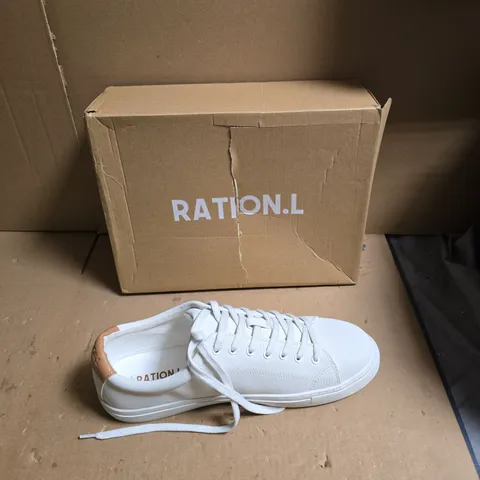RATION.L WHITE LEATHER SNEAKERS – LOW-TOP, TAN HEEL TAB -  SIZE UK 11