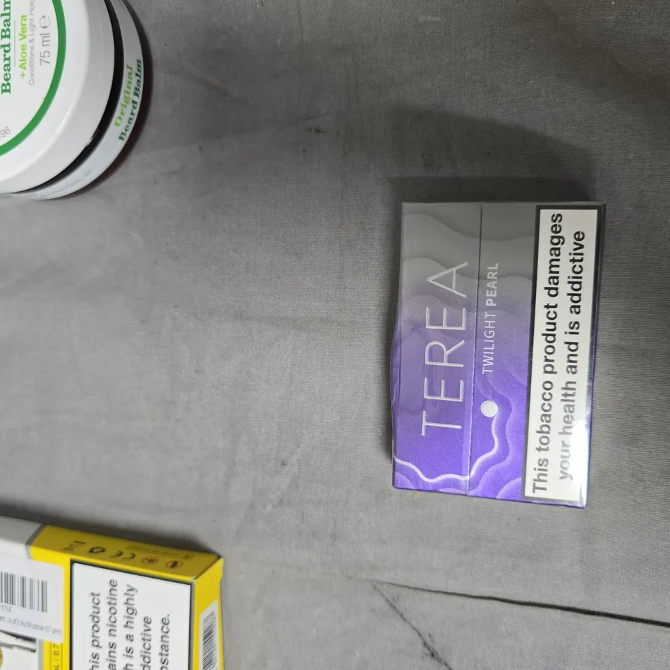 BOX OF APPROXIMATELY 10 ASSORTED ITEMS INCLUDING  BULLDOG ORIGINAL BEARD BALM 75 ML + VOOPOO VAPING ITEMS – MIXED LOT WITH TERRA TWILIGHT PEARL BOX