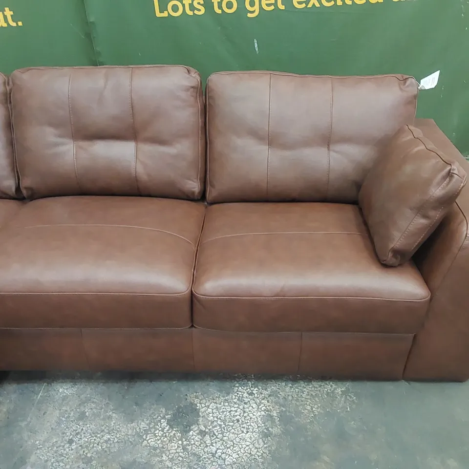 DESIGNER 3 SEATER TAN LEATHER CHAISE SOFA 