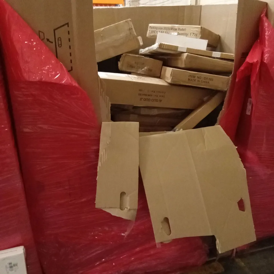 PALLET OF ASSORTED HOUSEHOLD GOODS AND PRODUCTS TO INCLUDE; MOSQUITO NET, TOILET SEATS, TRAMPOLINE, BOXED FURNITURE ETC 