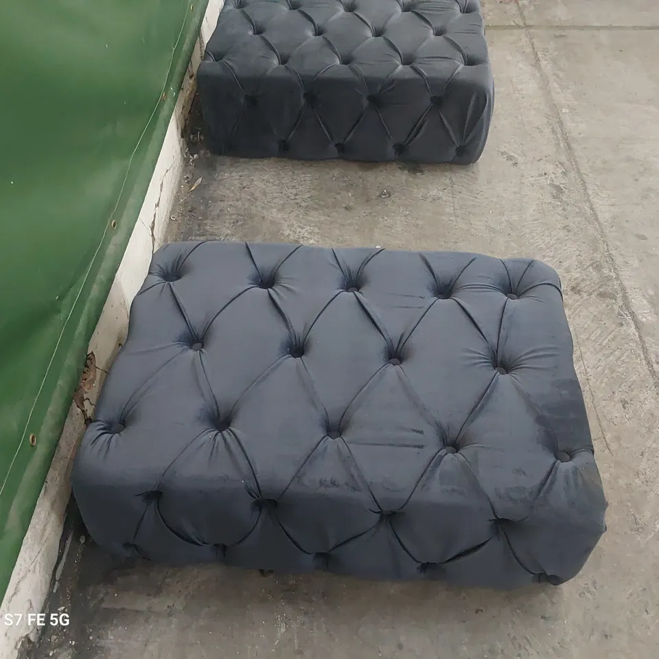 PAIR UPHOLSTERED RECTANGULAR FOOTSTOOLS BUTTONED NAVY BLUE PLUSH FABRIC 