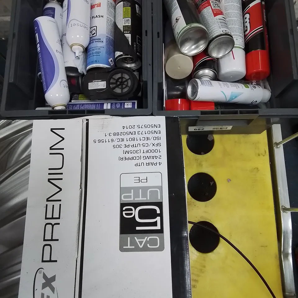 LARGE QUANTITY OF ASSORTED ITEMS TO INCLUDE VARIOUS AEROSOLS, FACE MASKS, MARLEE TABLE LAMP AND SFX WIRE