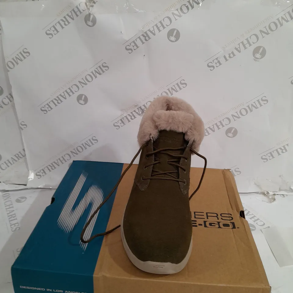 BOXED SKECHERS GO WALK STABILITY SUEDE BOOTS, OLIVE - SIZE 7