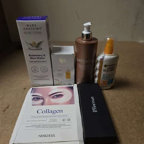 APPROXIMATELY 15 ASSORTED HEALTH & BEAUTY PRODUCTS TO INCLUDE SUN CREAM, COLLAGEN EYE PATCH, HAIR GROWTH SPRAY ETC