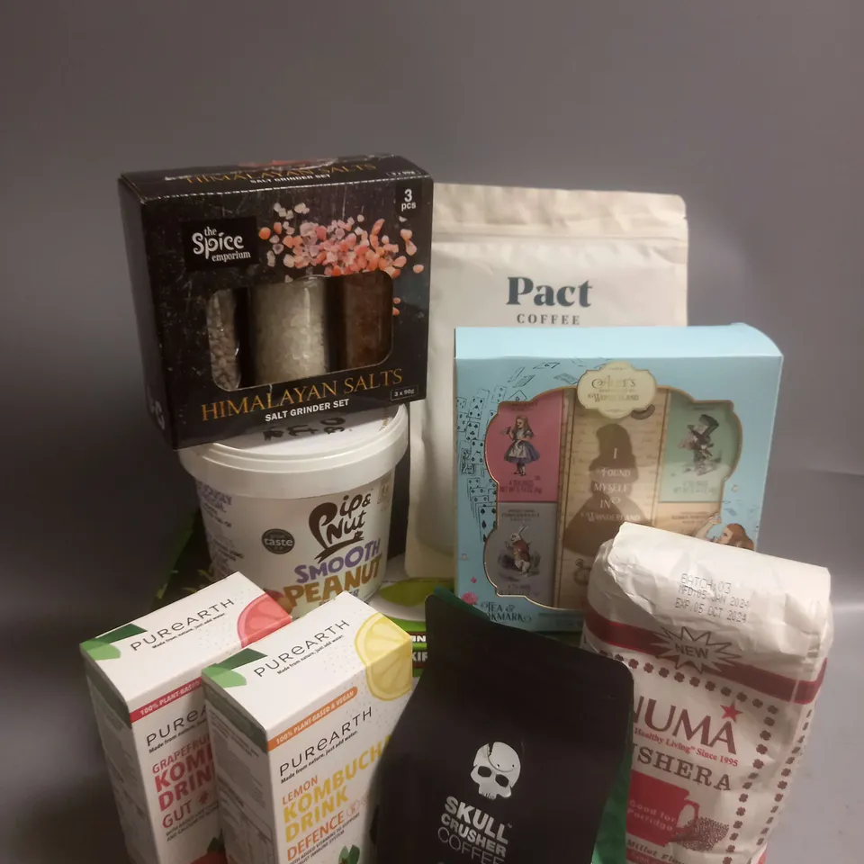 TOTE OF APPROX 12 ASSORTED FOOD ITEMS TO INCLUDE - SKULLCRUSHER COFFEE BEANS - KIRKLAND GREEN TEA - PIP&NUT SMOOTH PEANUT BUTTER ETC