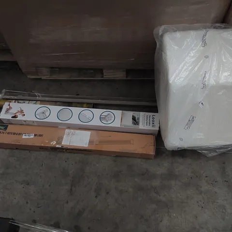 PALLET OF ASSORTED ITEMS INCLUDING: LED AQUARIUM LIGHT, RETRACTABLE SAFETY GATE, WINDOW BLINDS, MEMORY FOAM PILLOW, WORLD MAP