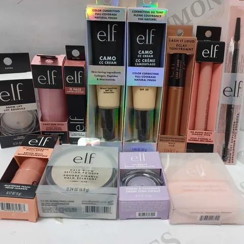 LOT OF APPROX 12 ASSORTED E.L.F PRODUCTS TO INCLUDE CAMO CC CREAM #FAIR 120, O FACE SATIN LIPSTICK #DIRTY TALK, HALO GLOW SETTING POWDER, ETC 