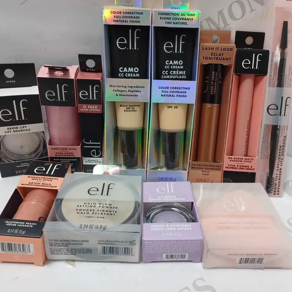 LOT OF APPROX 12 ASSORTED E.L.F PRODUCTS TO INCLUDE CAMO CC CREAM #FAIR 120, O FACE SATIN LIPSTICK #DIRTY TALK, HALO GLOW SETTING POWDER, ETC 