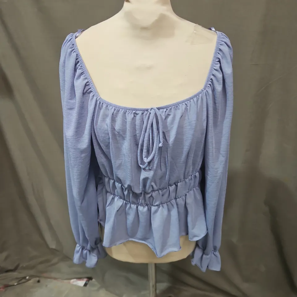NOBODY'S CHILD LIGHT BLUE OFF-SHOULDER PEPLUM TOP, UK 12 EU 40, US 8