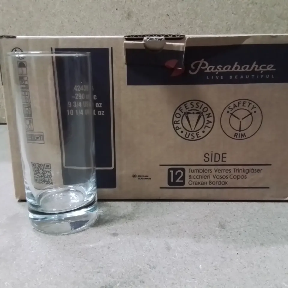 BOXED PASABAHCE HI BALL GLASSES APPROXIMATELY 12