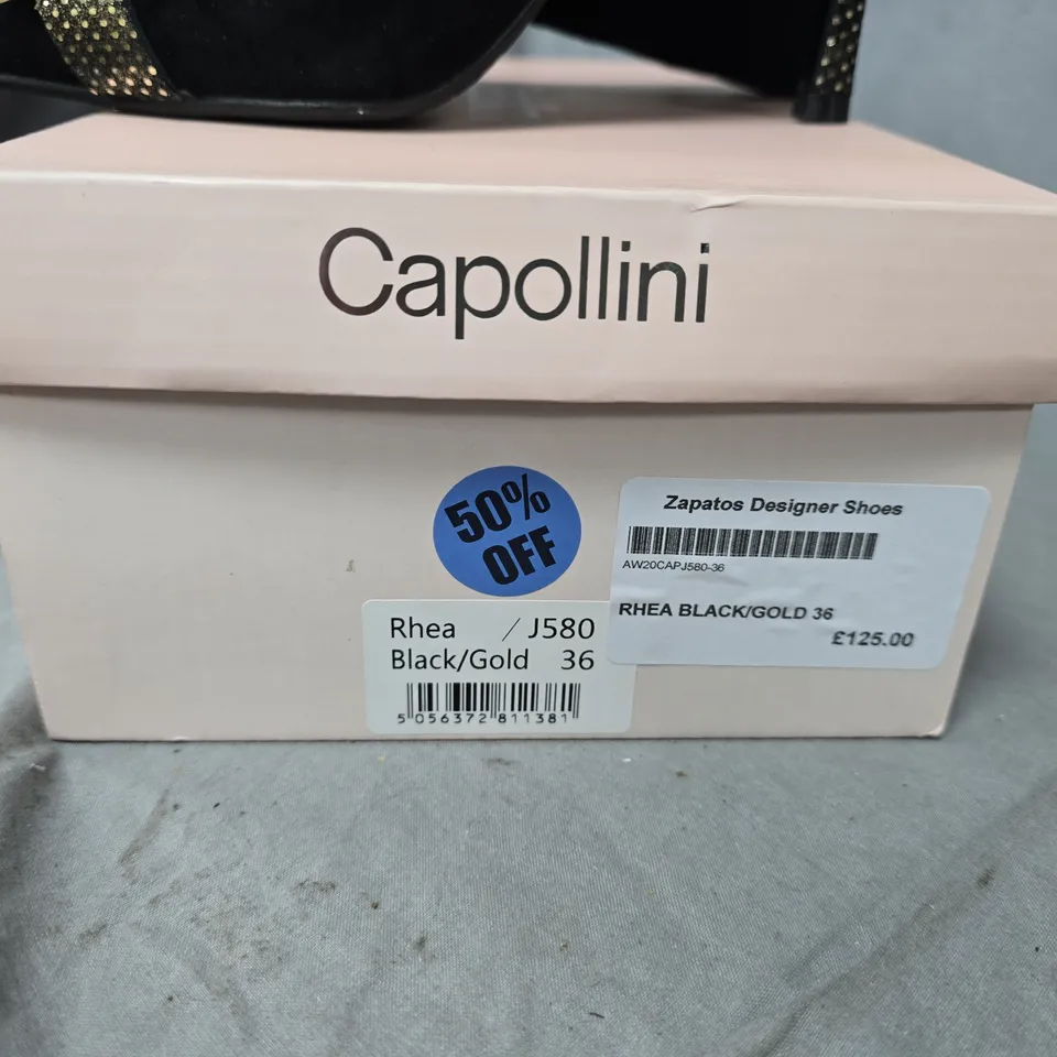 CAPOLLINI BLACK SUEDE HIGH HEELS WITH GOLD BUCKLE EMBELLISHMENT – UK 3.5 (EU 36)