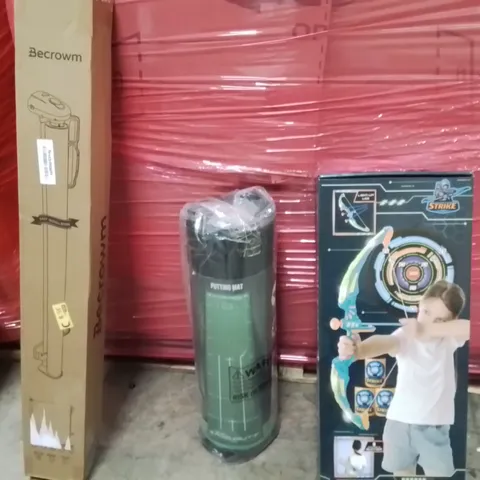 PALLET OF ASSORTED HOUSEHOLD GOODS AND PRODUCTS TO INCLUDE;PUTTING GOLF MAT,RETRACTABLE SAFETY,ARCHERY TOY