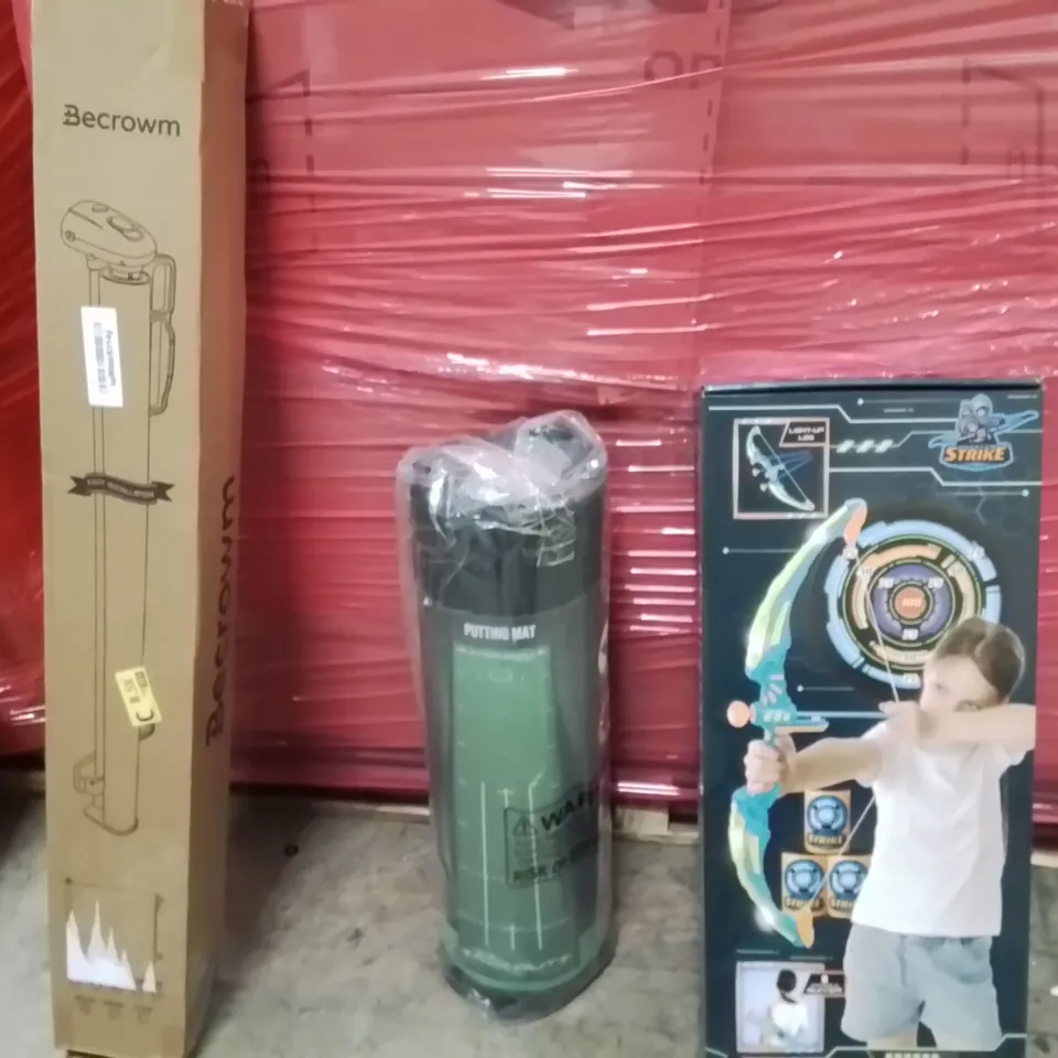 PALLET OF ASSORTED HOUSEHOLD GOODS AND PRODUCTS TO INCLUDE;PUTTING GOLF MAT,RETRACTABLE SAFETY,ARCHERY TOY