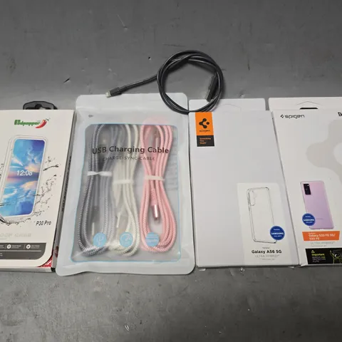 APPROXIMATELY 12 ASSORTED ITEMS TO INCLUDE - SPIGEN PHONE CASE , USB CHARGING CABLE , USB TO LIGHTNING CABLE ETC