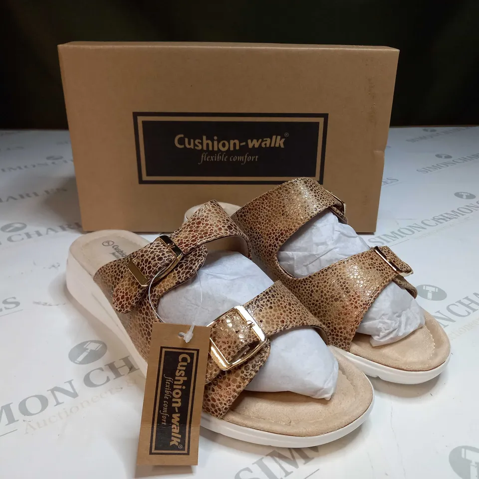 BOXED PAIR OF CUSHION WALK GOLD STRAPPY SANDALS - SIZE 7