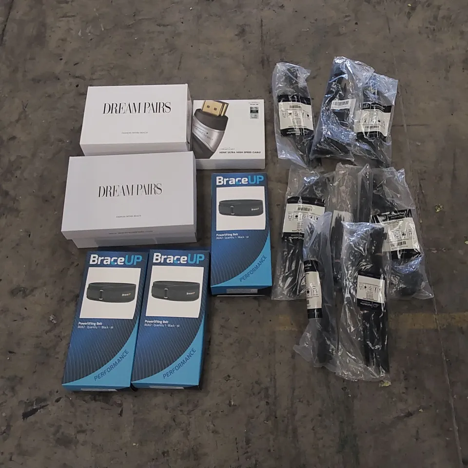 PALLET OF ASSORTED HOUSEHOLD ITEMS AND CONSUMER PRODUCTS. INCLUDES POWERLIFTING BELTS, PACKS OF NYLON CABLE TIES, SHOES ETC 