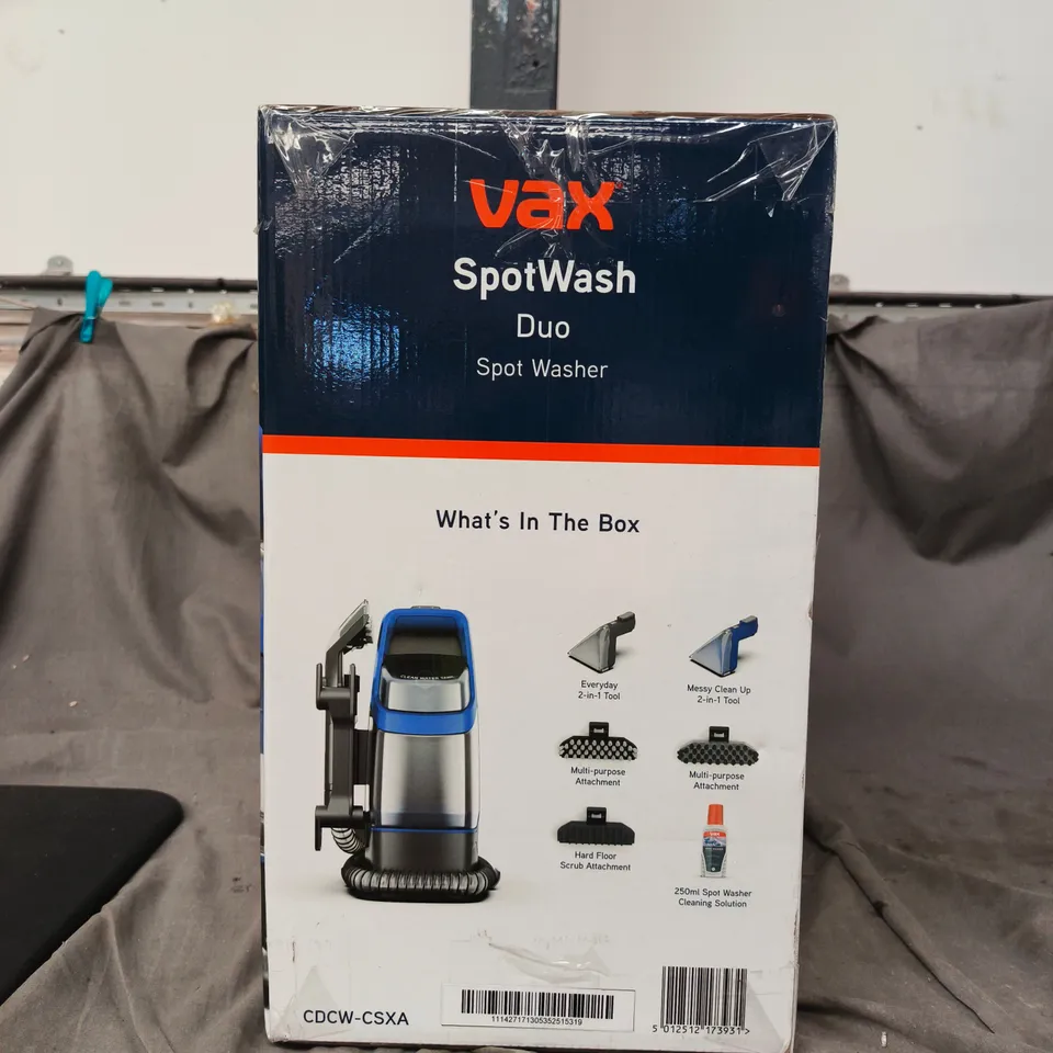 VAX SPOTWASH DUO SPOT WASHER – BOXED WITH ATTACHMENTS (INCLUDES 250ML CLEANING SOLUTION)