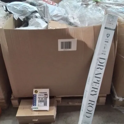 PALLET OF PET BEDS,ELECTRONICS,KITCHEWARE,HOME DECOR PRODUCTS TO INCLUDE;CALCULATOR,SHOES,CURTAINS POLES