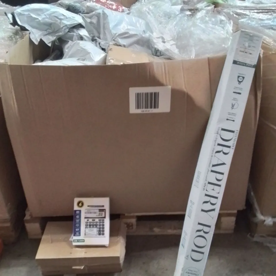 PALLET OF PET BEDS,ELECTRONICS,KITCHEWARE,HOME DECOR PRODUCTS TO INCLUDE;CALCULATOR,SHOES,CURTAINS POLES