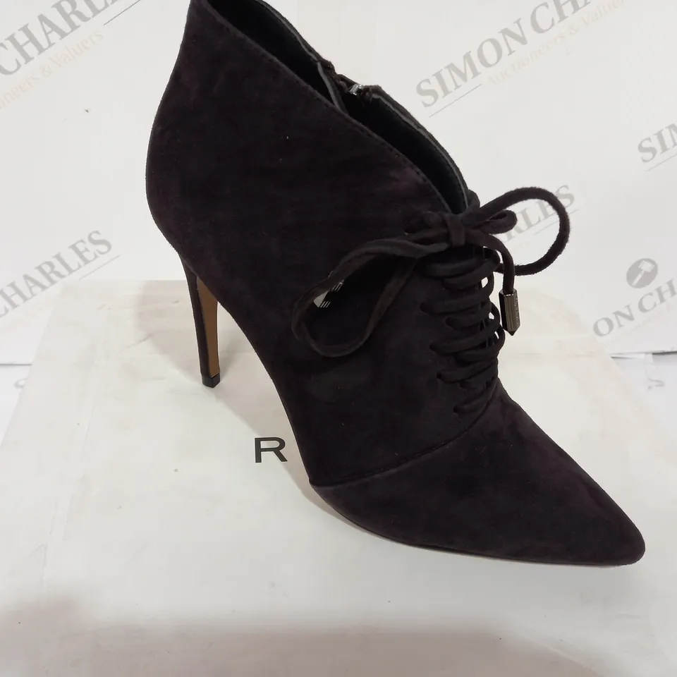 BOXED REISS SUEDE CHOCOLATE BOOT HEELS - SIZE 5