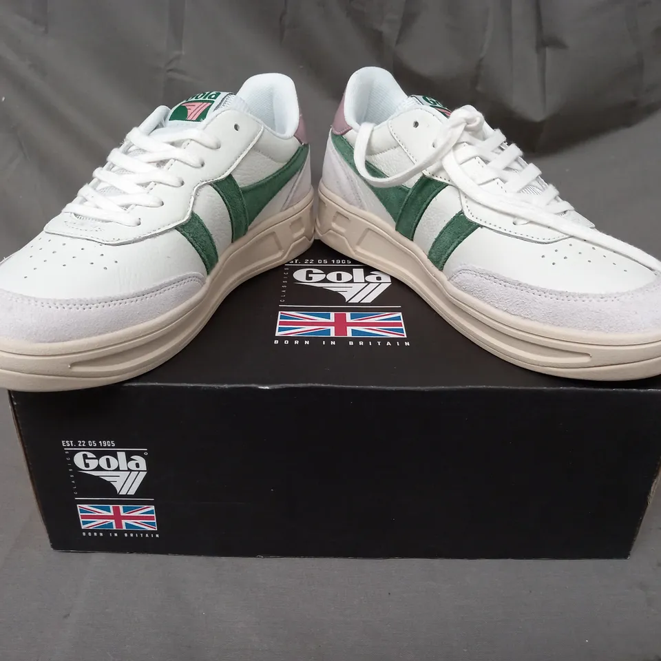 BOXED PAIR OF GOLA TOPSPIN SHOES IN WHITE/EVERGREEN/PASTEL PINK UK SIZE 6