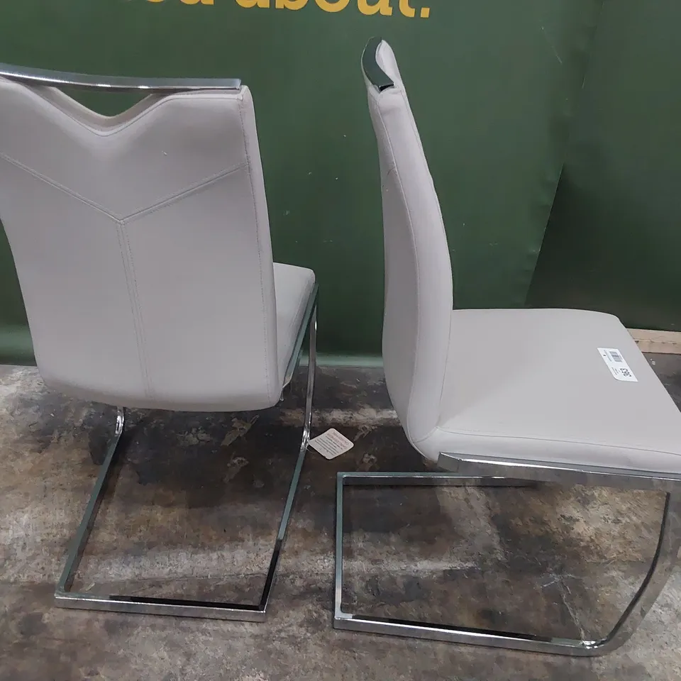 PAIR OF UPHOLSTERED DINING CHAIRS GREY PU ON CHROME FRAMES 