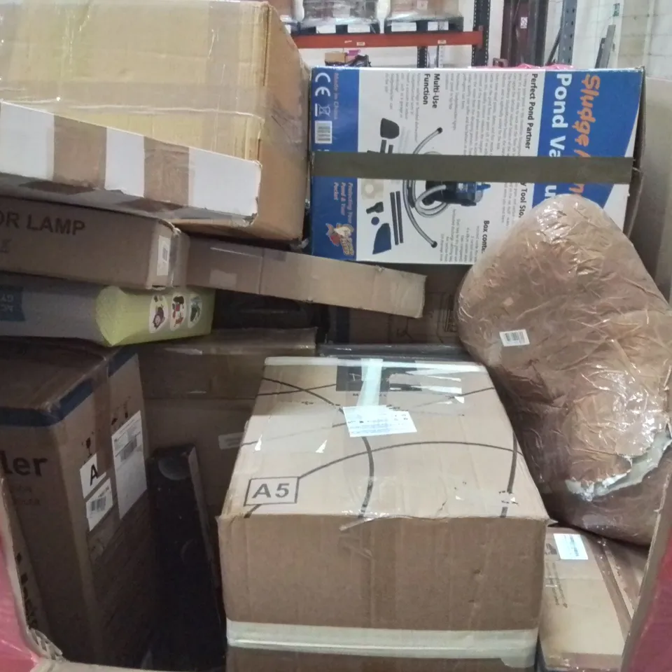 PALLET OF ASSORTED HOUSEHOLD ITEMS AND CONSUMER PRODUCTS TO INCLUDE;  PORTABLE AIR COOLERS, STEAM CLEANER, CHESS SET, BOXED FURNITURE ETC 