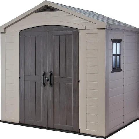 BOXED KETER FACTOR 8 X 6 FT OUTDOOR STORAGE SHED, BEIGE/BROWN (2 BOXES)