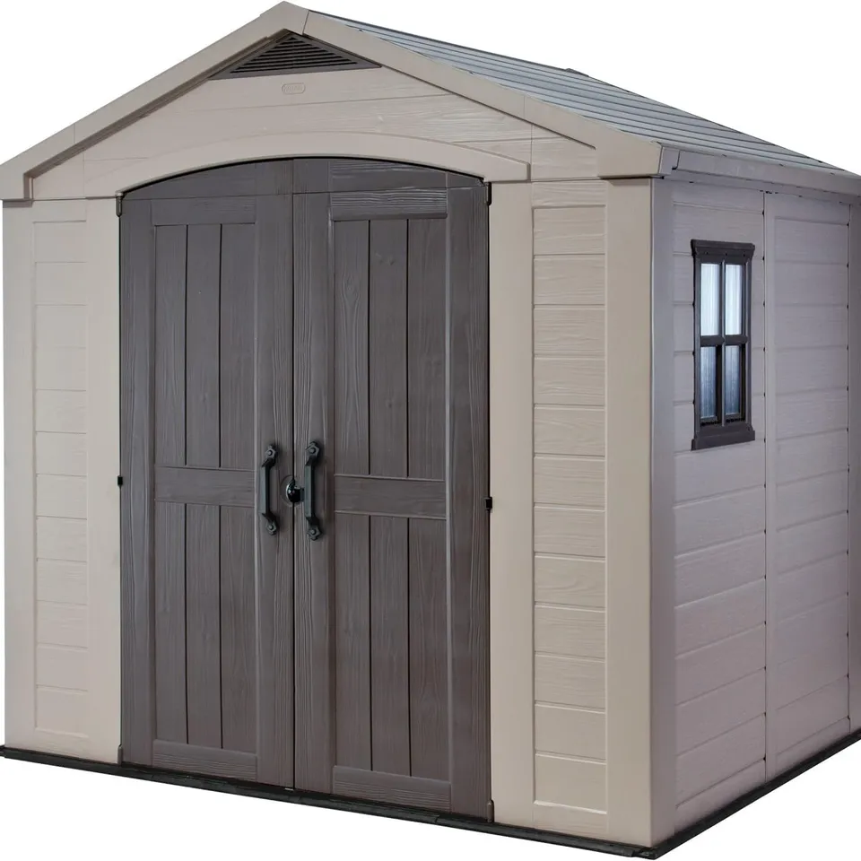 BOXED KETER FACTOR 8 X 6 FT OUTDOOR STORAGE SHED, BEIGE/BROWN (2 BOXES)