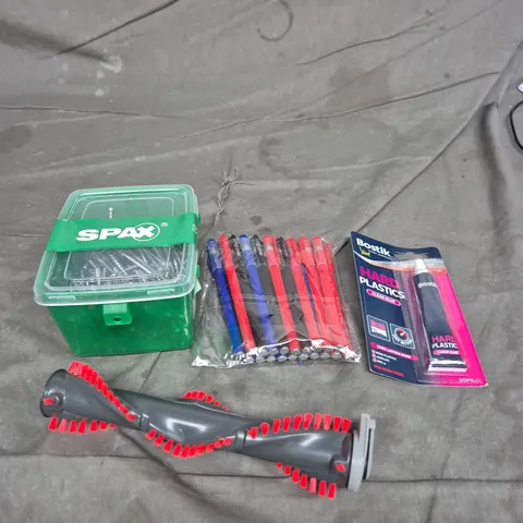 APPROXIMATELY 15 ASSORTED HOUSEHOLD ITEMS TO INCLUDE BOSTIK HARD PLASTIC GLUE, SPAX SCREWS AND REPLACEMENT VACUUM CLEANER ROLLER