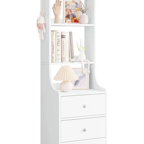 BOXED BEDSIDE TABLE WITH 2 DRAWERS, 3 OPEN SHELVES AND HOOKS - WHITE (1 BOX)