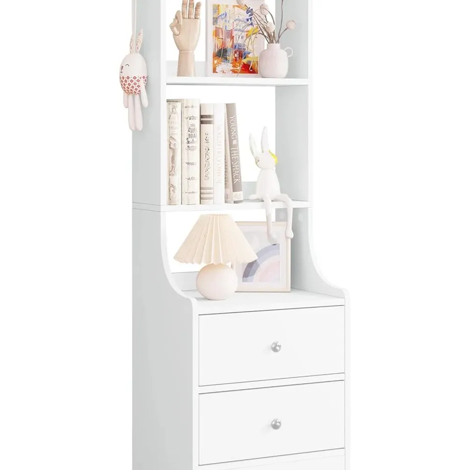 BOXED BEDSIDE TABLE WITH 2 DRAWERS, 3 OPEN SHELVES AND HOOKS - WHITE (1 BOX)