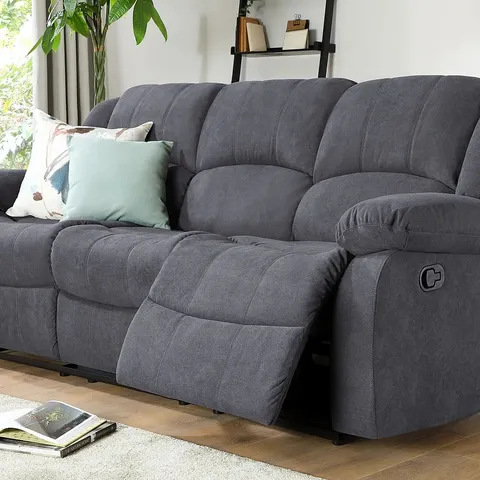 BOXED DESIGNER DAKOTA SLATE GREY PLUSH FABRIC MANUAL RECLINING THREE SEATER SOFA