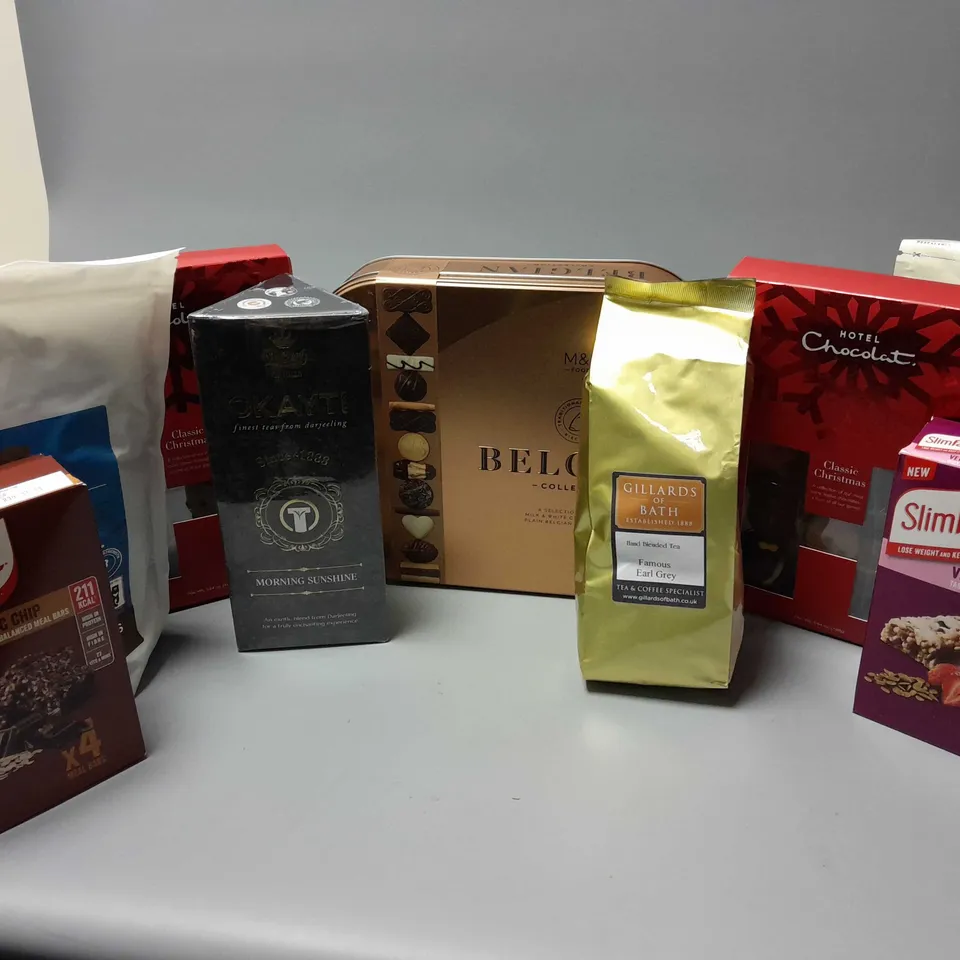 APPROXIMATELY 9 ASSORTED FOOD & DRINK ITEMS TO INCLUDE MYPROTEIN IMPACT CREATINE (250g), BROWNBEAR COOL BRAZIL FRESH COFFEE BAGS (50 x 8g), M&S BELGIAN COLLECTION (500g), ETC
