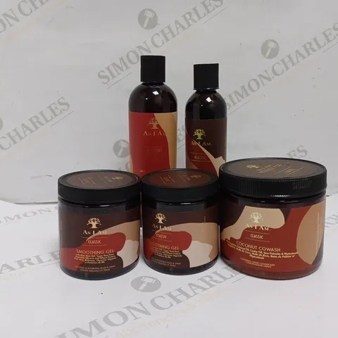 5 ASSORTED AS I AM HEALTH AND BEAUTY PRODUCTS TO INCLUDE SMOOTHING GEL, COCONUT COWASH, JAMAICAN BLACK CASTOR OIL 