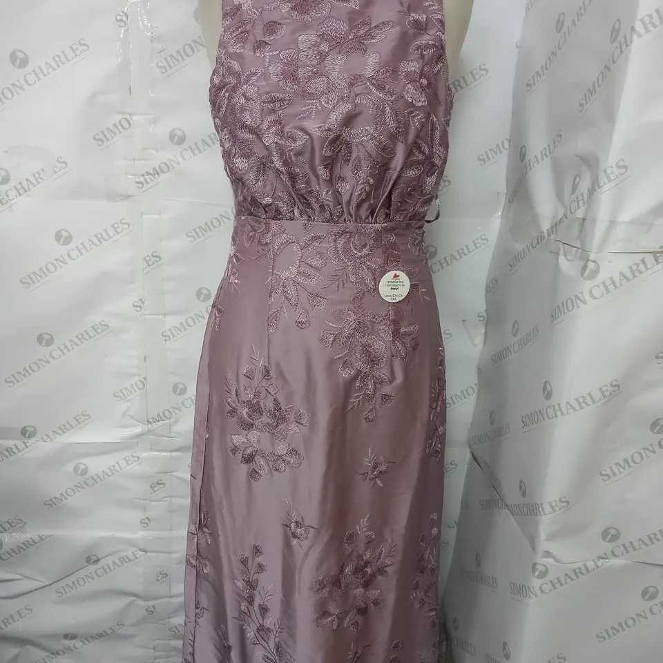 CHI CHI EMBROIDERED LACE COWL BACK MAXI DRESS IN LILAC - SIZE 8
