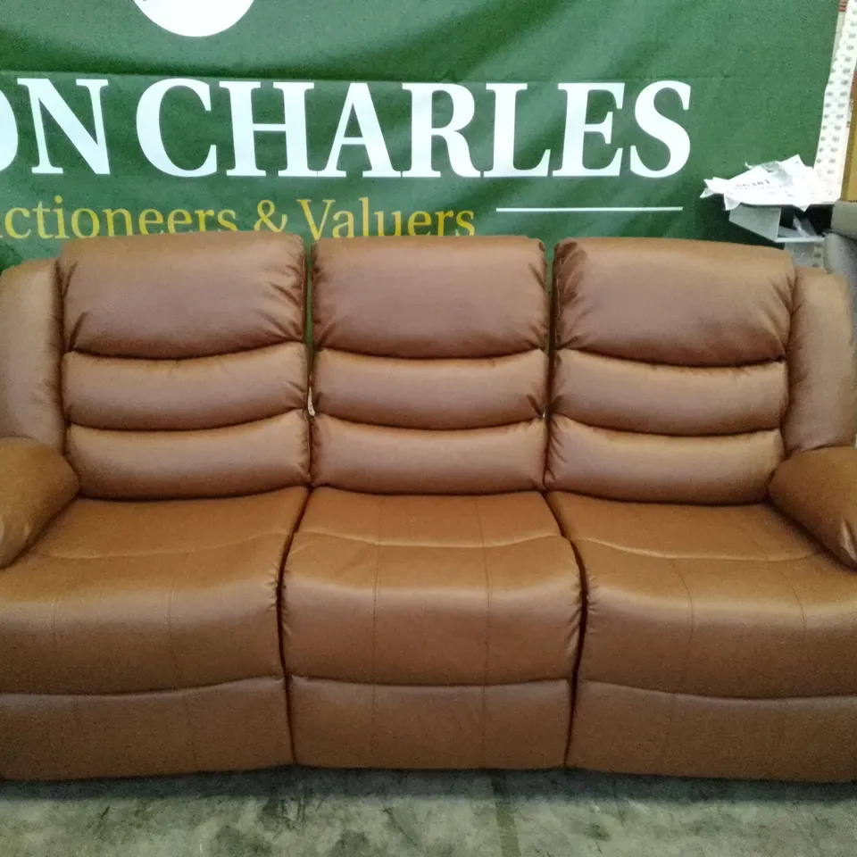 QUALITY DESIGNER 3 SEATER MANUAL RECLINER SOFA - BROWN LEATHER