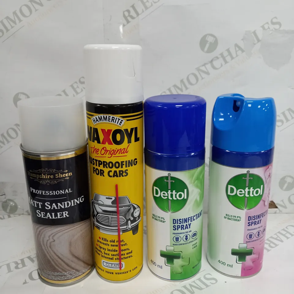 BOX OF APPROX 10 ASSORTED LIQUIDS TO INCLUDE - DETOL DISINFECTANT SPRAY, MATT SANDING SEALER, WAXOYL RUSTPROOF ETC