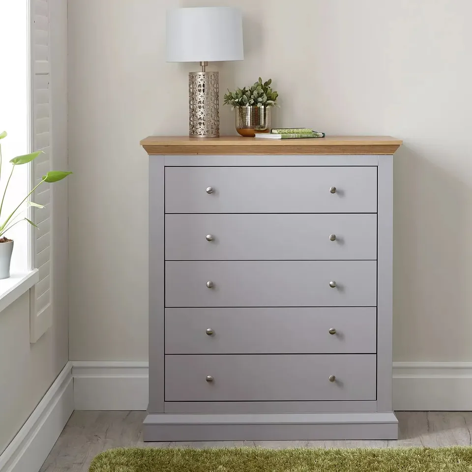 BOXED HANNA GREY/OAK EFFECT 5-DRAWER CHEST (1 BOX)