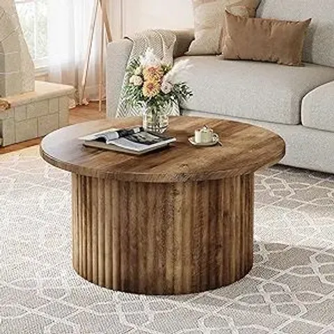 BOXED TRIBESIGNS 31.5" FARMHOUSE CIRCLE CENTER TABLE WITH FLUTED DRUM BASE & WOODEN GRAIN VENEER TOP,