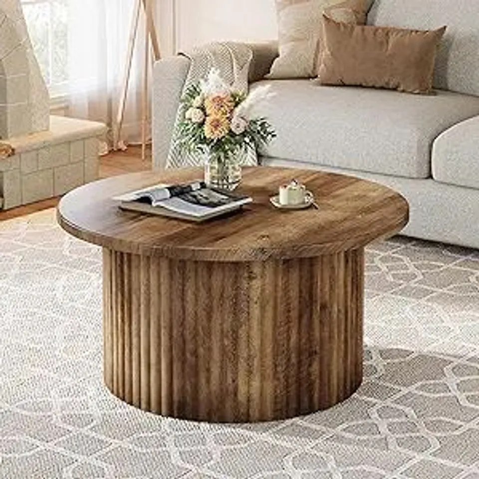 BOXED TRIBESIGNS 31.5" FARMHOUSE CIRCLE CENTER TABLE WITH FLUTED DRUM BASE & WOODEN GRAIN VENEER TOP,