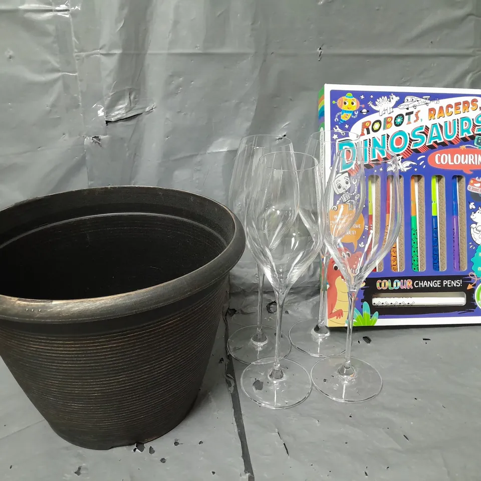 APPROXIMATELY 5 ASSORTED ITEMS TO INCLUDE ROBOT DINOSAUR RACERS COLOURING BOOK, WINE GLASSES, PLANT POT, ETC - COLLECTION ONLY