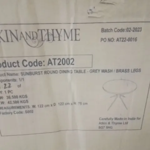 BOXED SUNBURST ROUND DINING TABLE-GREYWASH/BRASS LEGS