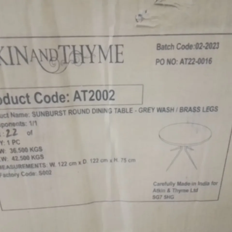 BOXED SUNBURST ROUND DINING TABLE-GREYWASH/BRASS LEGS