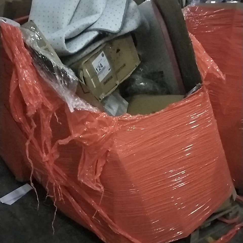 PALLET OF ASSORTED ITEMS INCLUDING OFFICE CHAIR, WALL CLOCK, UMBRELLA, CUSIMAX INFRARED COOKTOP, BODYBOARD WITH WRIST LEASH