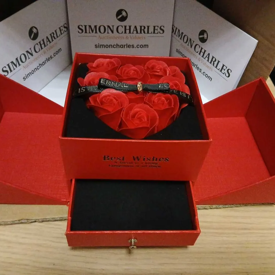 RED ROSE GIFT BOX WITH HEART ARRANGEMENT – BEST WISHES