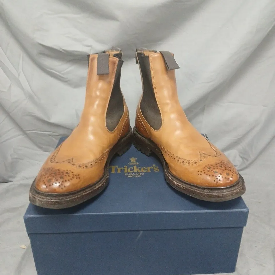 BOXED PAIR OF Tricker's MENS 1001 BURNISHED ELASTIC SIDED BROGUE BOOTS - SIZE 10