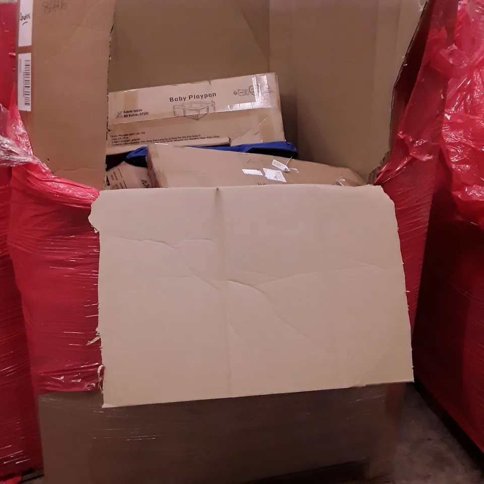 PALLET OF ASSORTED HOUSEHOLD ITEMS TO INCLUDE DRYWALL SANDER, WEDDING BOOKS, PLAY PENS AND AIR FRYER