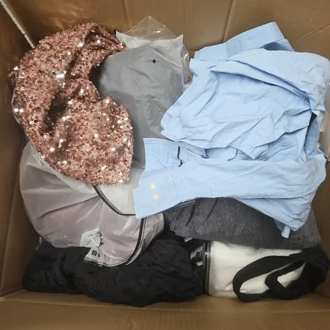 LARGE BOX OF APPROXIMATELY 20 ASSORTED CLOTHING ITEMS IN VARIOUS SIZES, STYLES AND COLOURS