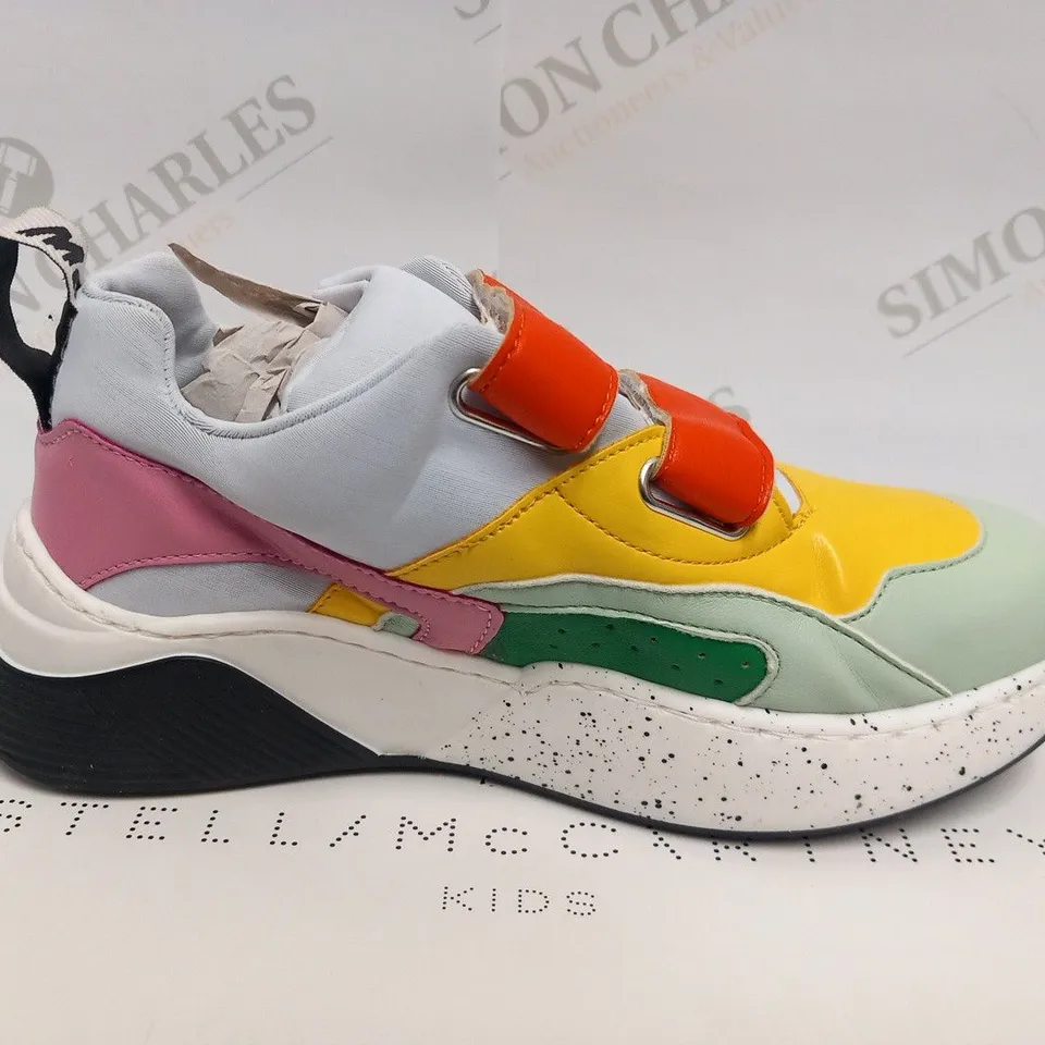 BOXED PAIR OF STELLA MCCARTNEY KIDS MULTICOLOUR TRAINERS WITH STRAPS SIZE 34